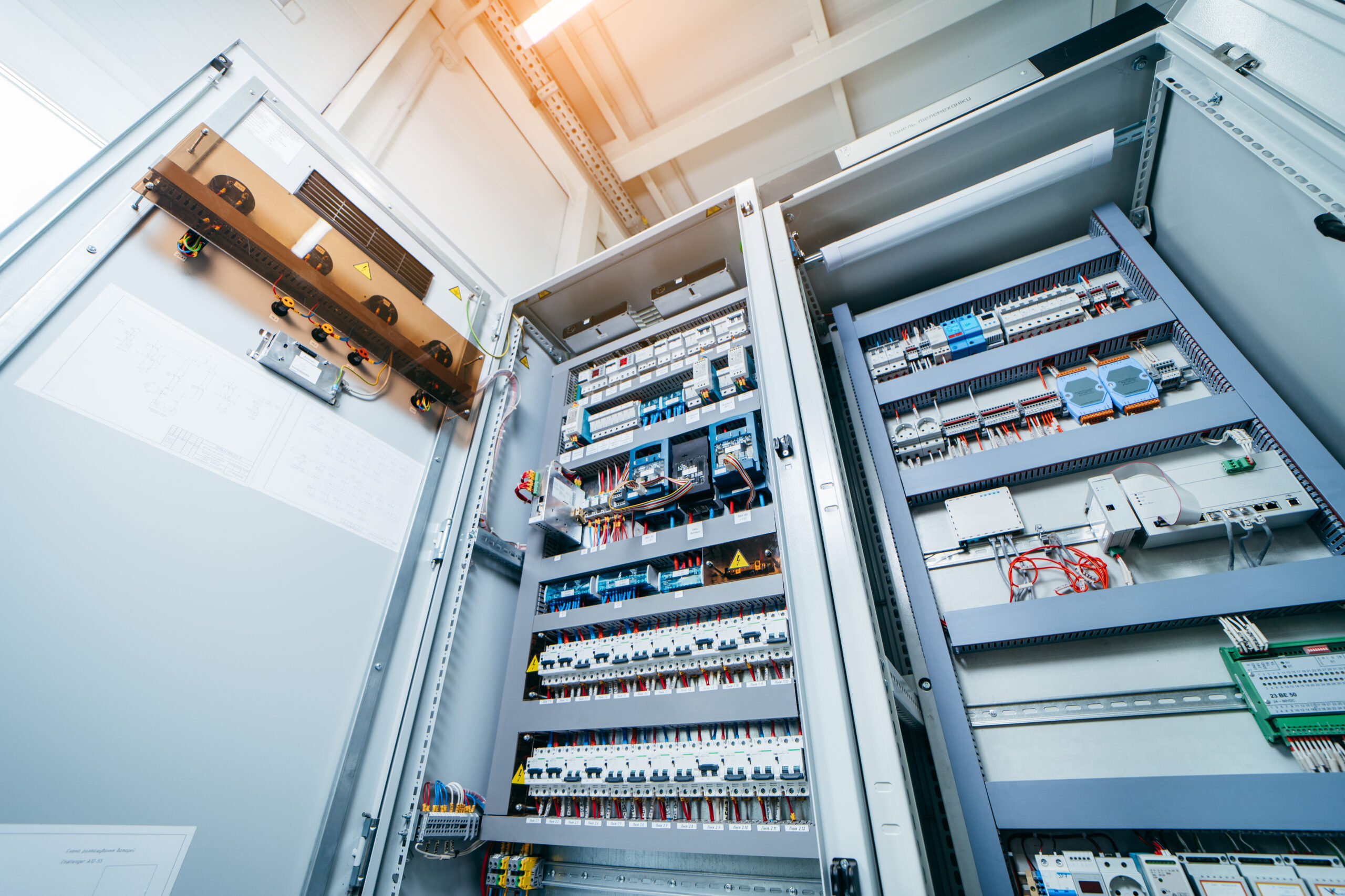 Open electric cabinet at modern power station